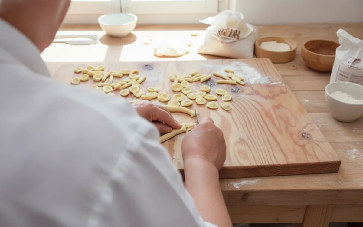 Orecchiette fatte a mano su un tagliere di legno, durante una lezione di cucina