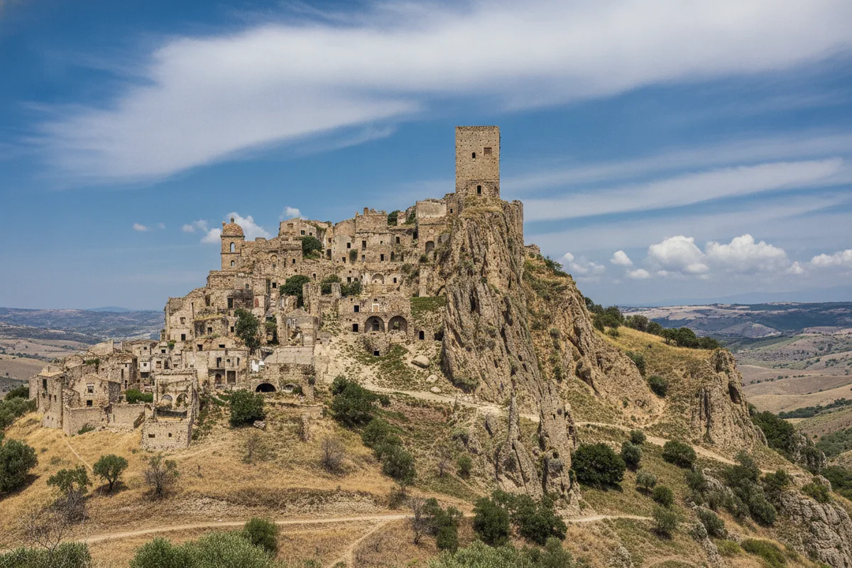 Craco, il paese fantasma della Basilicata, con la torre normanna sullo sperone di roccia