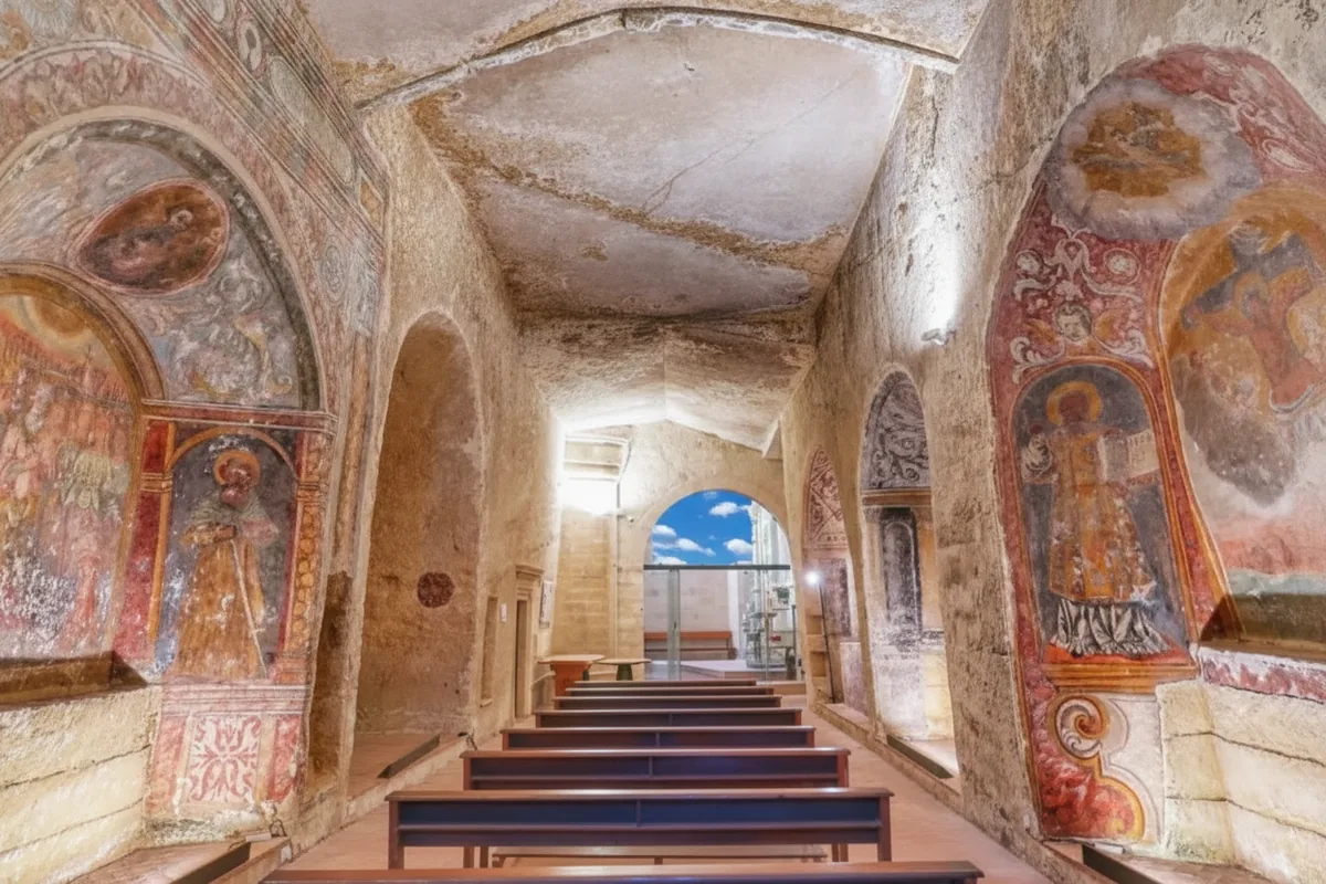 L'interno affrescato di una chiesa rupestre scavata nella roccia