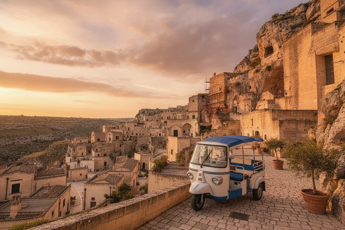 Un'Ape Calessino su una strada panoramica dei Sassi di Matera, al tramonto